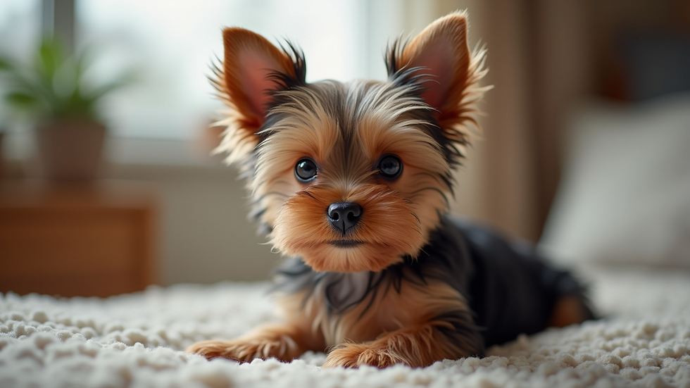 Close-up of a healthy Yorkie puppy in a cozy environment