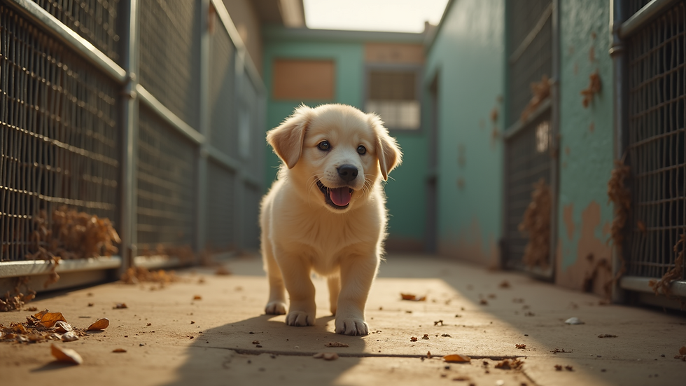 Eye-level view of a puppy breeder's kennel showcasing a healthy environment