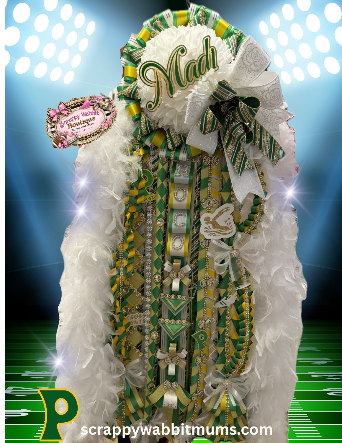 Green and gold custom homecoming mum with Madi nameplate