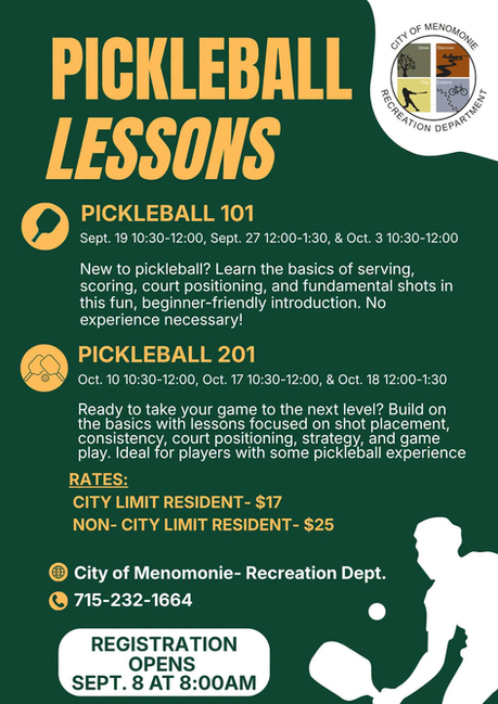 Pickleball lessons through Menomonie Rec. Department