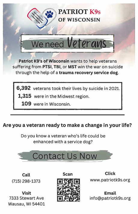 Patriot K9s of Wisconsin matching Veterans with service dogs 