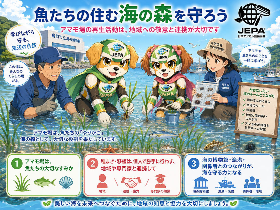 海辺のアマモ場で、JEPAの犬キャラや海の博物館の人が苗を植える啓発ポスター。魚やカモメ、保護の文字がある。