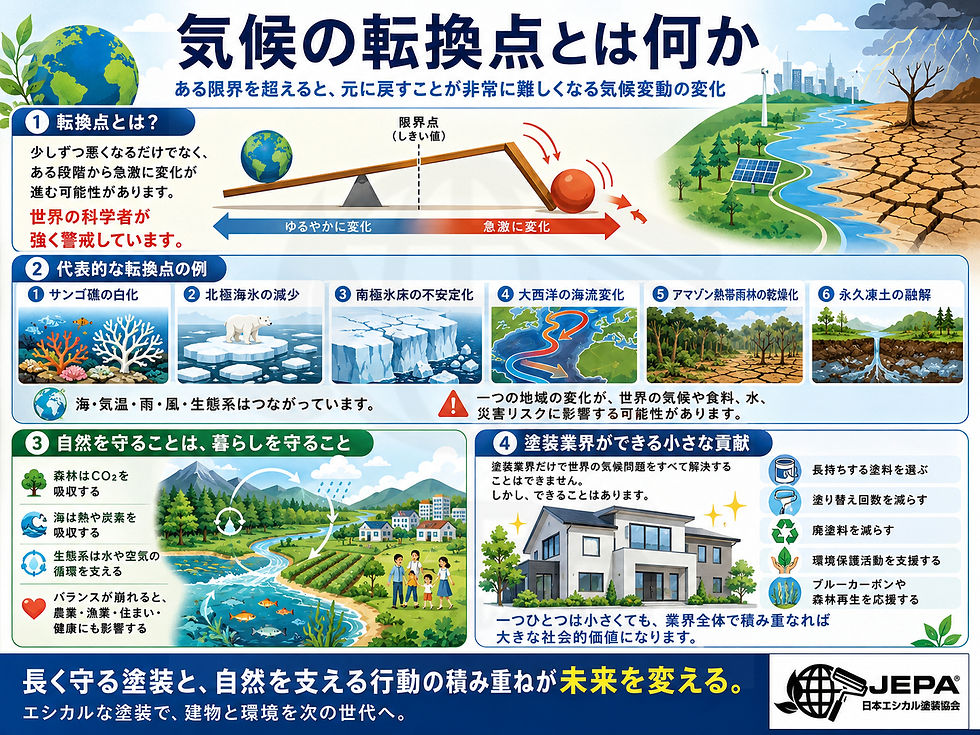 気候転換点についての日本語インフォグラフィック。地球環境の変化例と自然保護の重要性を説明。イラストに都市、山、川、風力タービン等が描かれる。