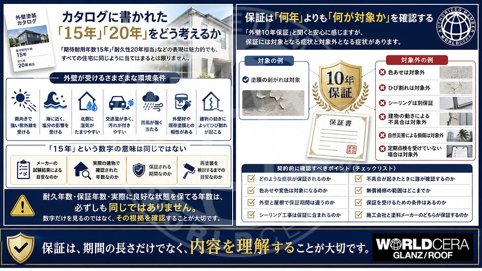 外壁塗装の保証と耐久年数を解説する青基調の図解。15年・20年、10年保証、対象例/対象外例、チェックリスト、WORLD CERAの文字。