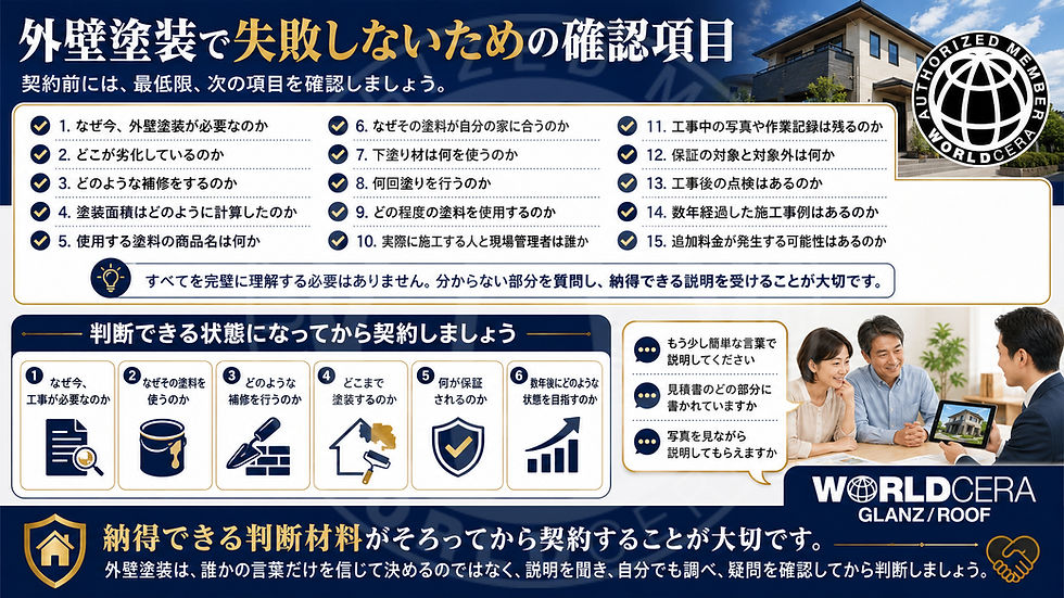 外壁塗装で失敗しないための確認項目を示す日本語の案内図。家の写真、業者と相談する家族、15項目のチェックリストとWORLD CERAロゴがある。