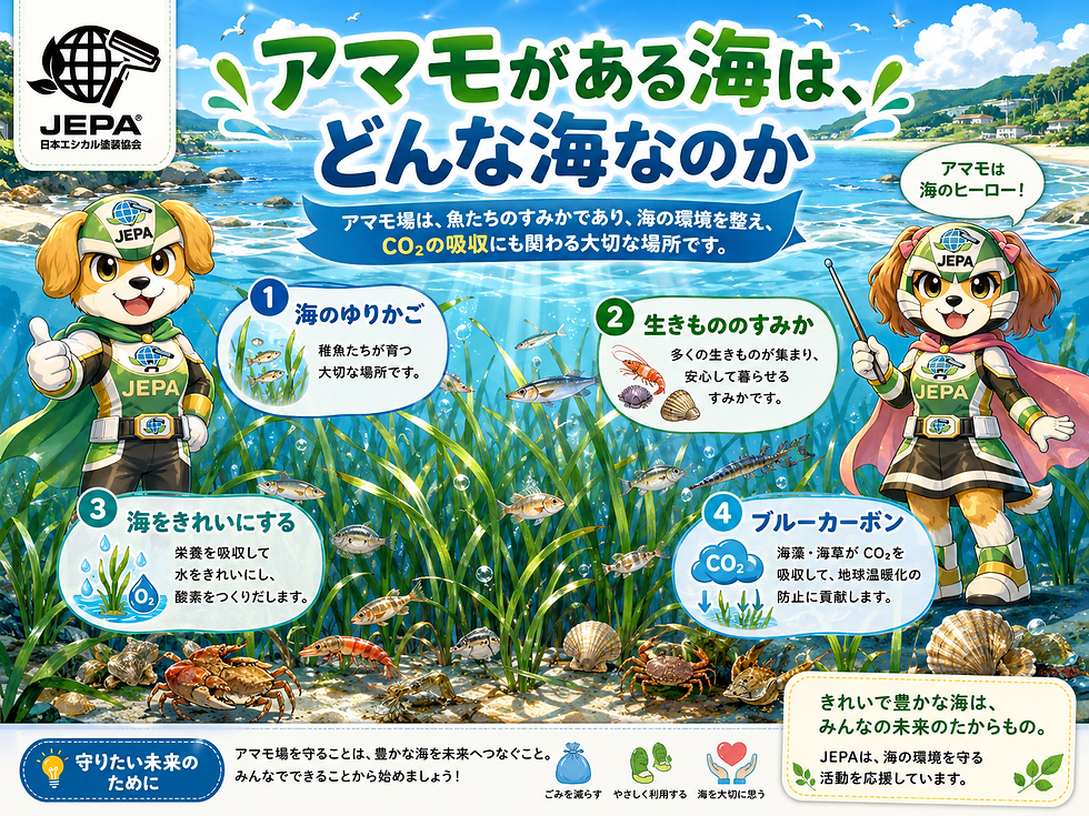 海中のアマモ場を守るJEPAの啓発ポスター。魚やカニ、貝が泳ぎ、左右に犬のヒーロー。中央に「アマモがある海は、どんな海なのか」などの説明文。