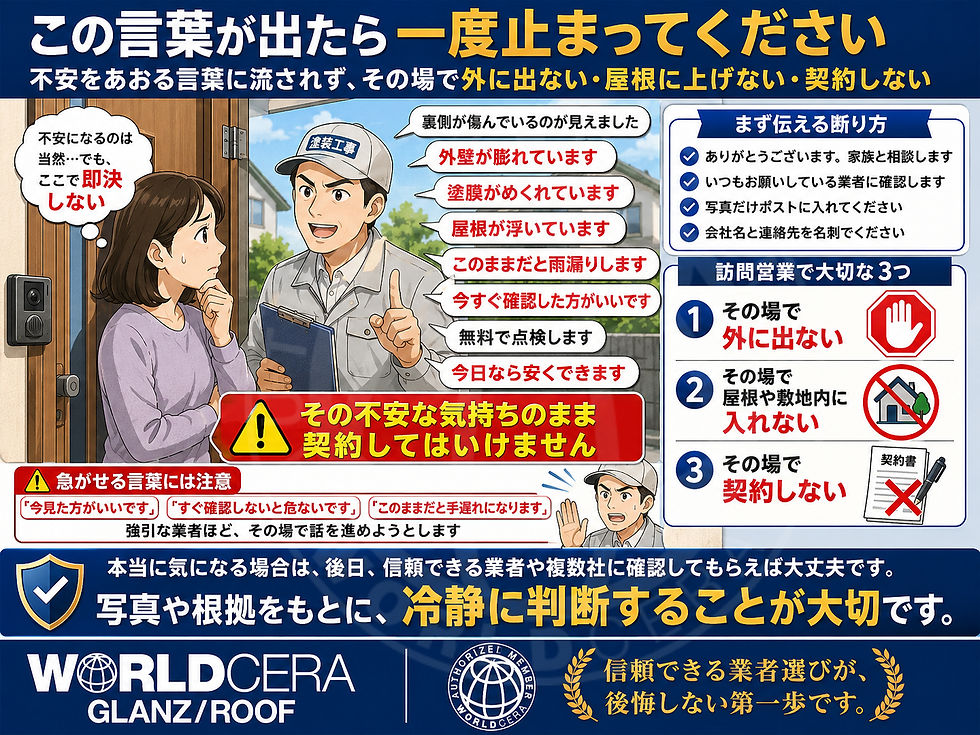 訪問営業の男性が女性に修理を勧めているが、警告文で慎重な対応を促す。背景に家の玄関。テキストが多く強調色使用。