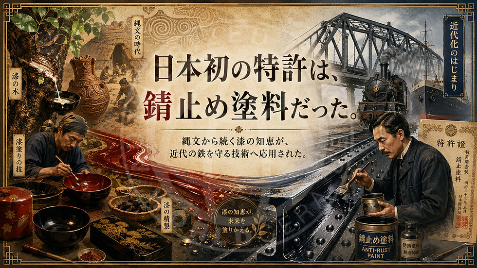 日本の漆文化が近代の鉄道と橋に受け継がれることを描くポスター。漆を塗る職人、蒸気機関車、橋、ANTI-RUST PAINTや特許証が見える。
