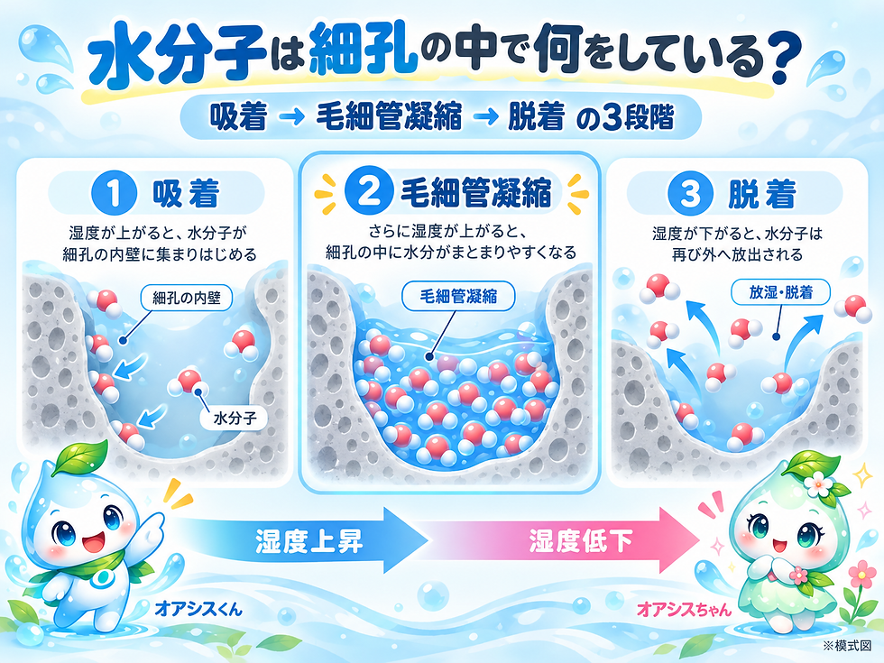 水分子は細孔で何をしている?という説明図。吸着→毛細管凝縮→脱着の3段階を、青い水滴と矢印、右左のキャラで示す。