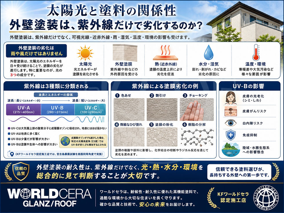 外壁の劣化と紫外線の関係を示す日本語のインフォグラフィック。紫外線の種類や影響、耐久性に関する説明があり、家の画像付き。