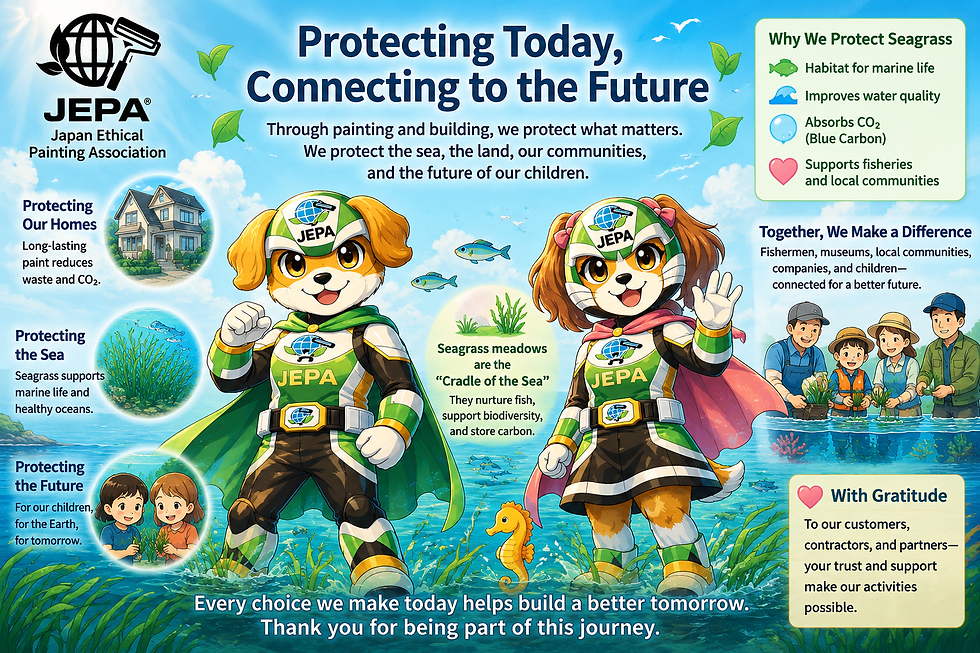 JEPAの海草保護ポスター。海中で作業服の犬キャラ2匹と家族が海草を植え、上部にProtecting Today, Connecting to the Futureの文字。