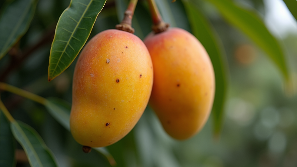 Close-up view of ripe Alphonso mangoes hanging on a tree branch