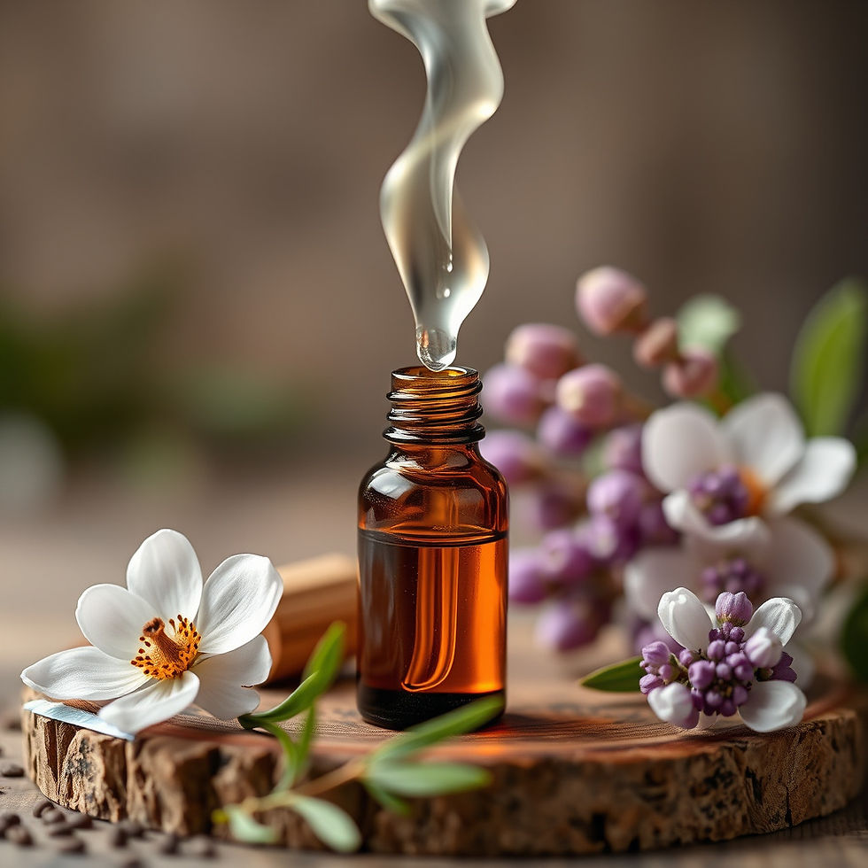 essential oil bottle and flowers
