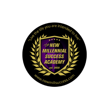 Logo of New Millennial Success Academy with a shield, laurel wreath, and the motto "Live the life you are intended to live."