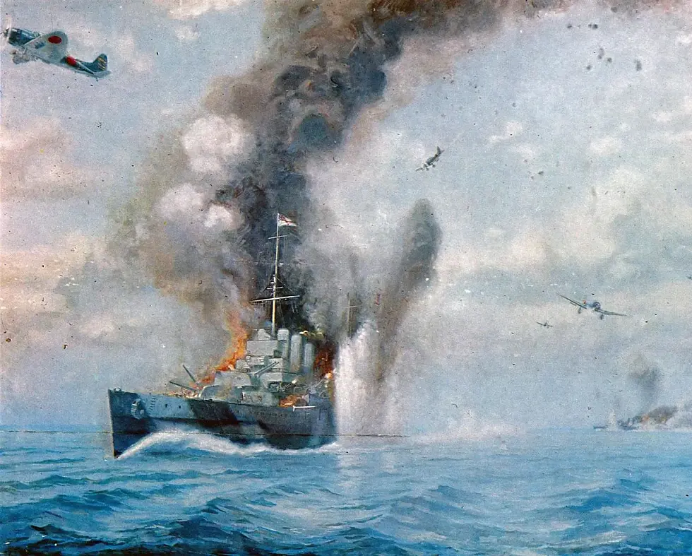 “Sinking of HMS Cornwall at The Battle of the Indian Ocean” by Hishiro Kobayakawa 1942