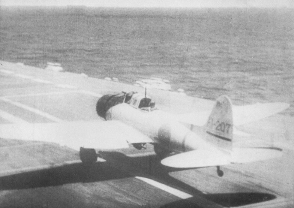 Aichi D3A1 taking off from the carrier Akagi during the Indian Ocean Raid. [Wikipedia]