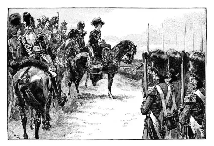 Queen Victoria reviewing her troops before they left to fight in the Crimean War. Illustration from The Life and Times of Queen Victoria, Vol II, by Robert Wilson, (1888)