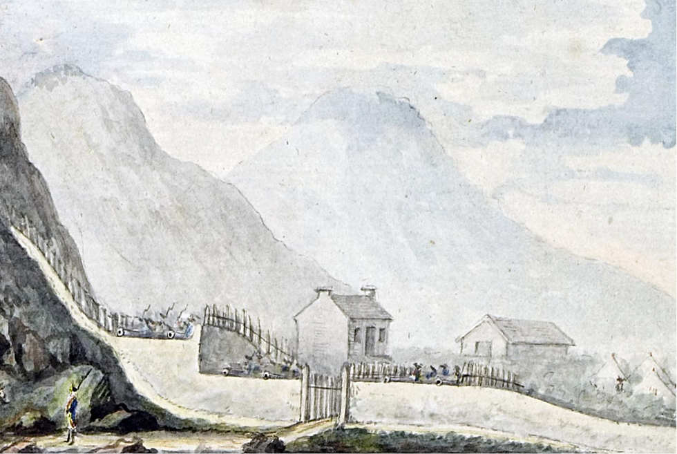 Figure 2 In the early afternoon, the ships started firing on the camp at Muizenberg. De Lille ordered a retreat to Wynberg, leaving his artillery and provisions for the British to confiscate. Craig and his men took over the camp at Muizen- berg.4° On 3 September, fifteen ships arrived in False Bay—they brought the reinforcements under General Clarke. Desertion from the Cape forces increased heavily after these events. On 14 September more than 4,000 British soldiers marched on Cape Town while the entire defence force that Sluysken could muster amounted to fewer than 2,000 men.