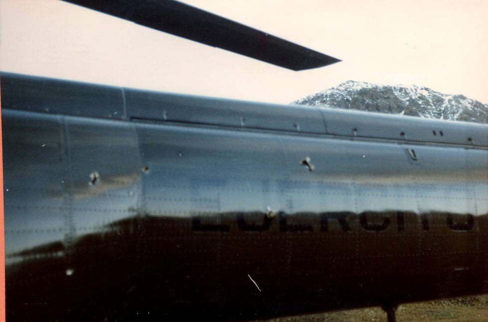 Flying ashore from ARA Bahía Paraíso Puma helicopter (AE-504) took heavy fire, of the 14 Argentine marines on board, 2 were KIA and 4 WIA.
