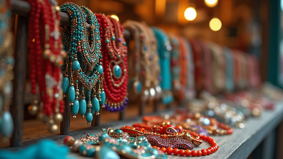Eye-level view of a colorful handmade jewelry display