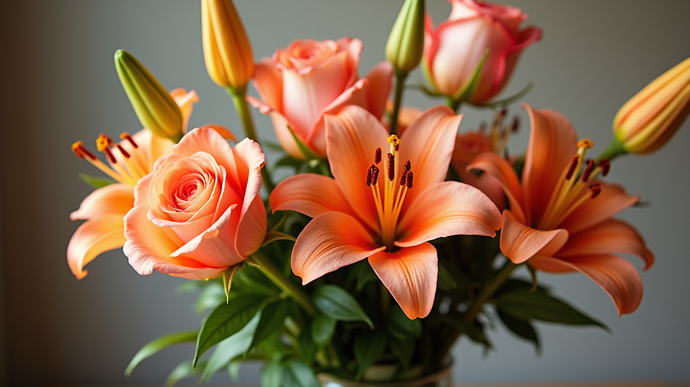 Eye-level view of a vibrant floral arrangement featuring roses and lilies