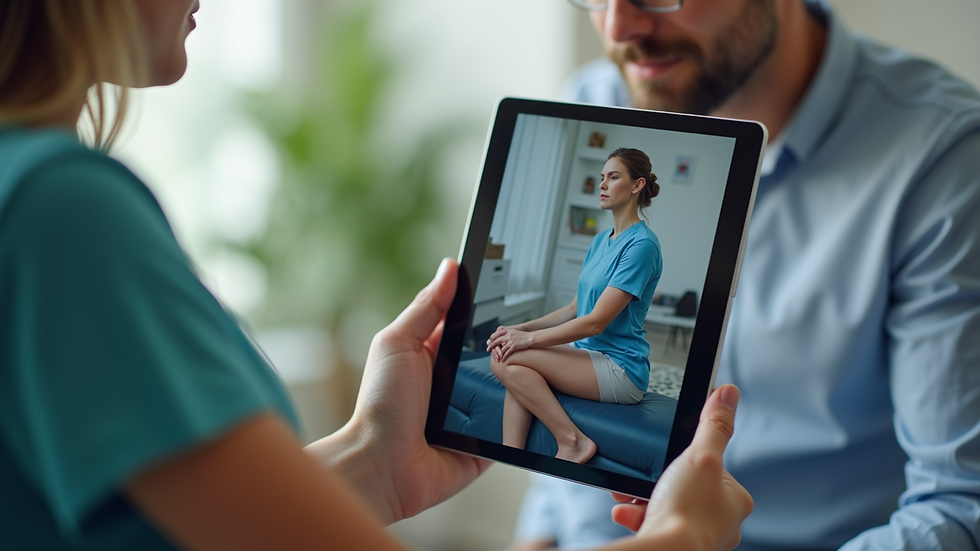 Close-up view of a tablet screen showing a virtual therapy session with a therapist demonstrating pelvic exercises