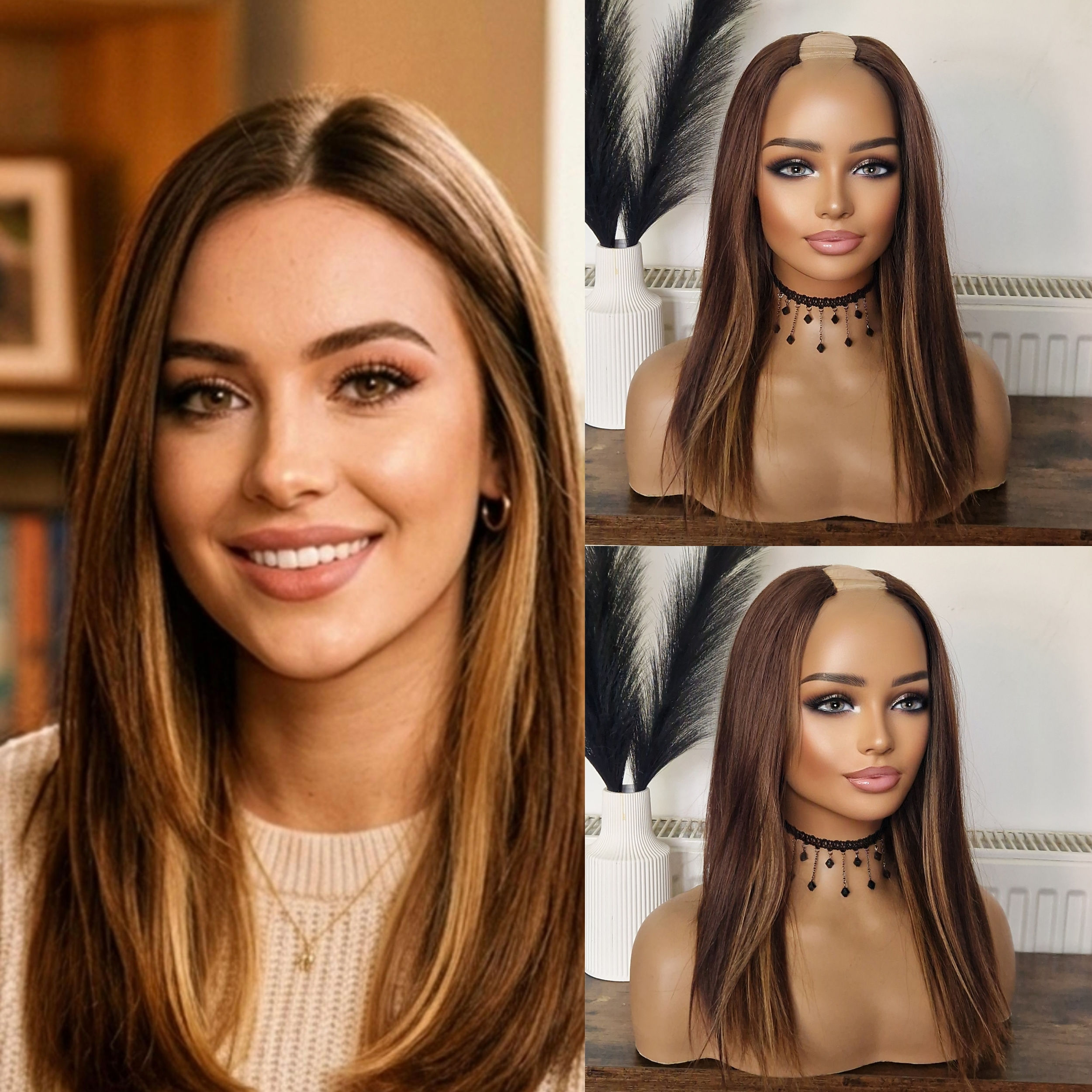 100% Human Hair U Part Wig Peekaboo highlights #4/#27/#30