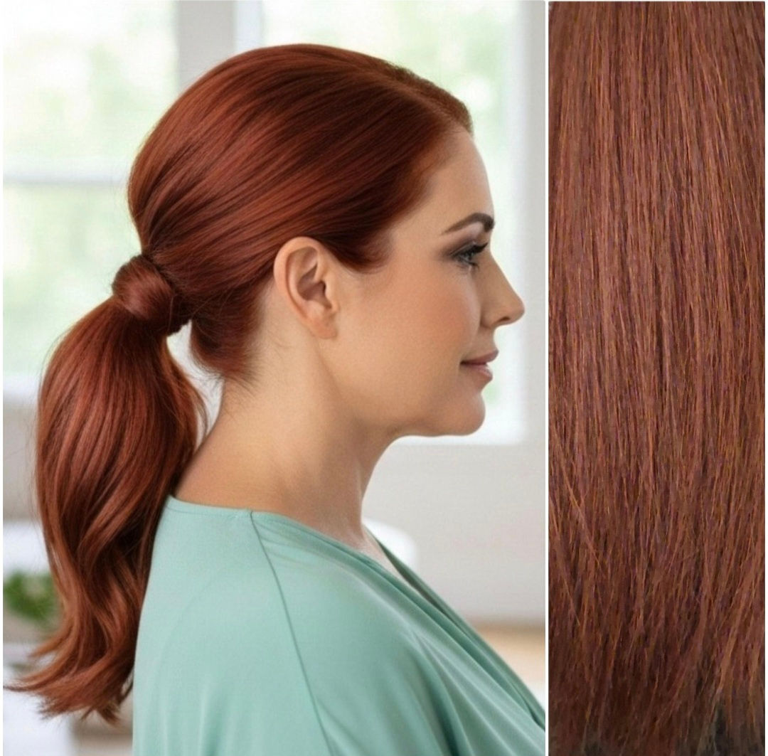 Human Hair Blend Ponytail, Dark Auburn #33