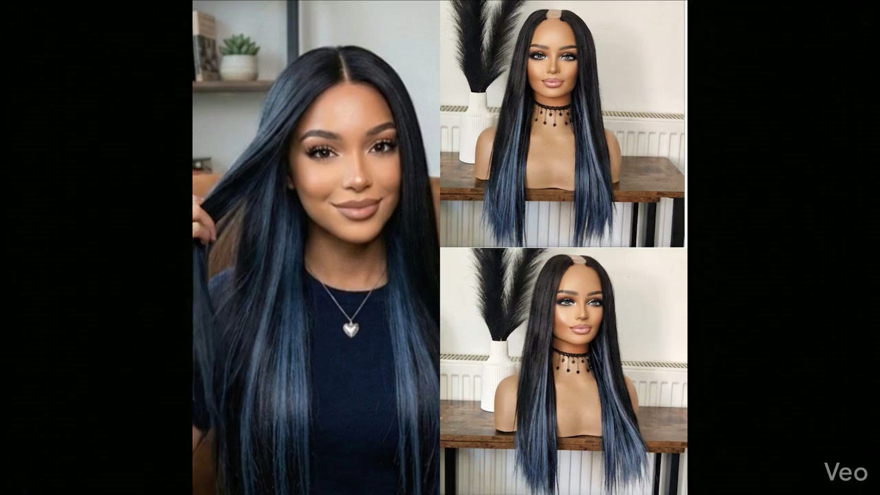 Human/Synthetic Peekaboo Highlights Black And Pale Blue U Part Wig