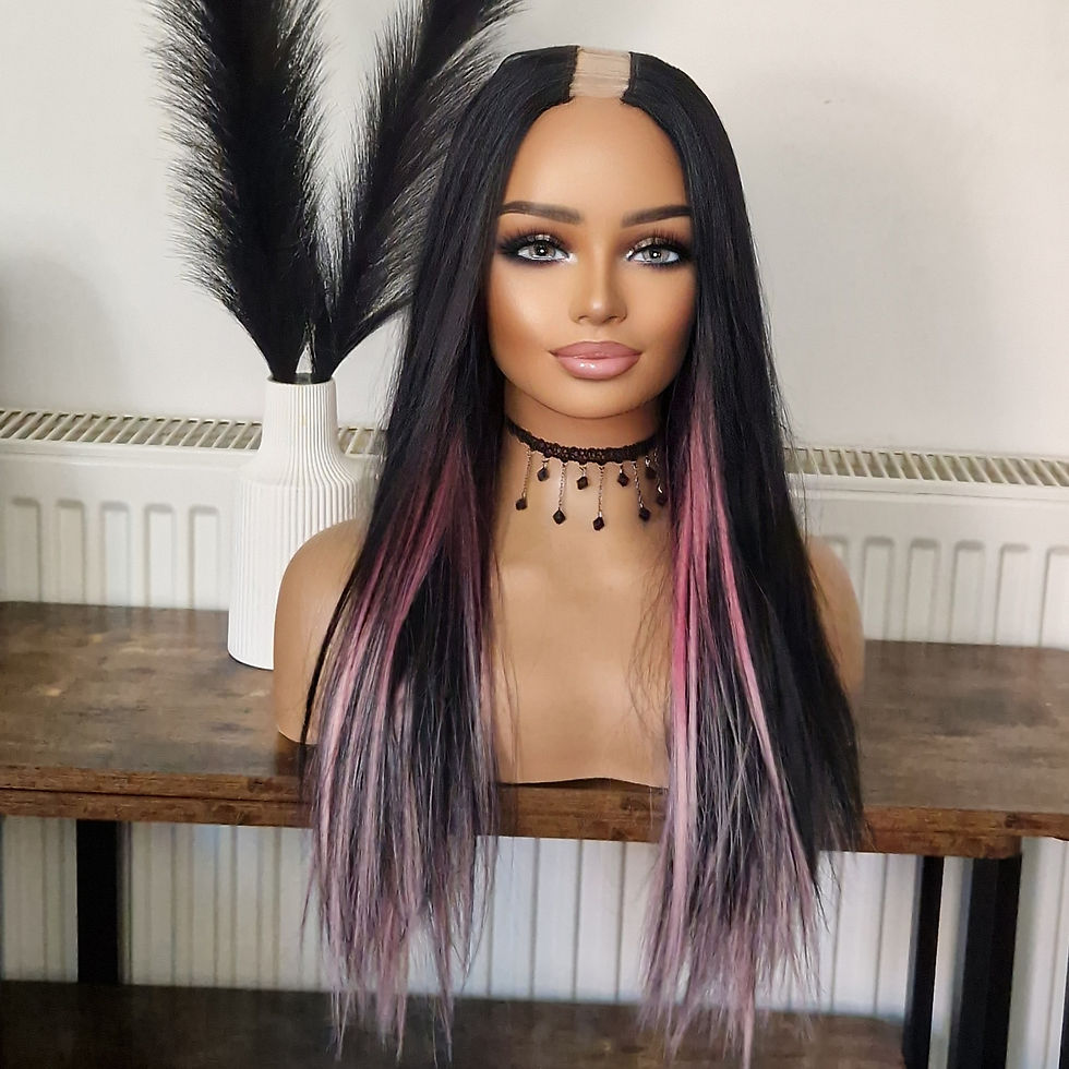 Human/Synthetic Blend Peekaboo U Part Wig Black And Pink