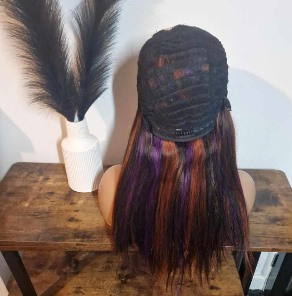 Thumbnail: 100% Human Hair U Part Wig Right Parting Peekaboo 1b/Copper/Purple 