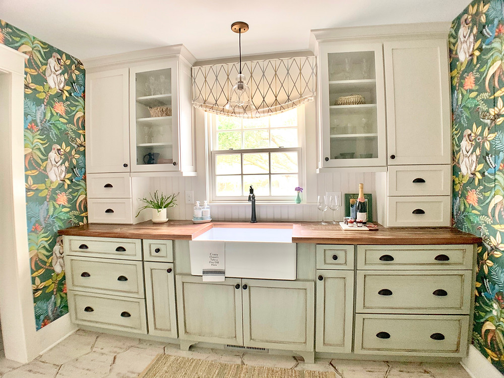 Butler Pantry, Custom Cabinets, Wood Countertop, Hexagon Tile Floor, Custom Window Treatment, Two-tone cabinets, Pendant Light, Beadboard, Wallpaper