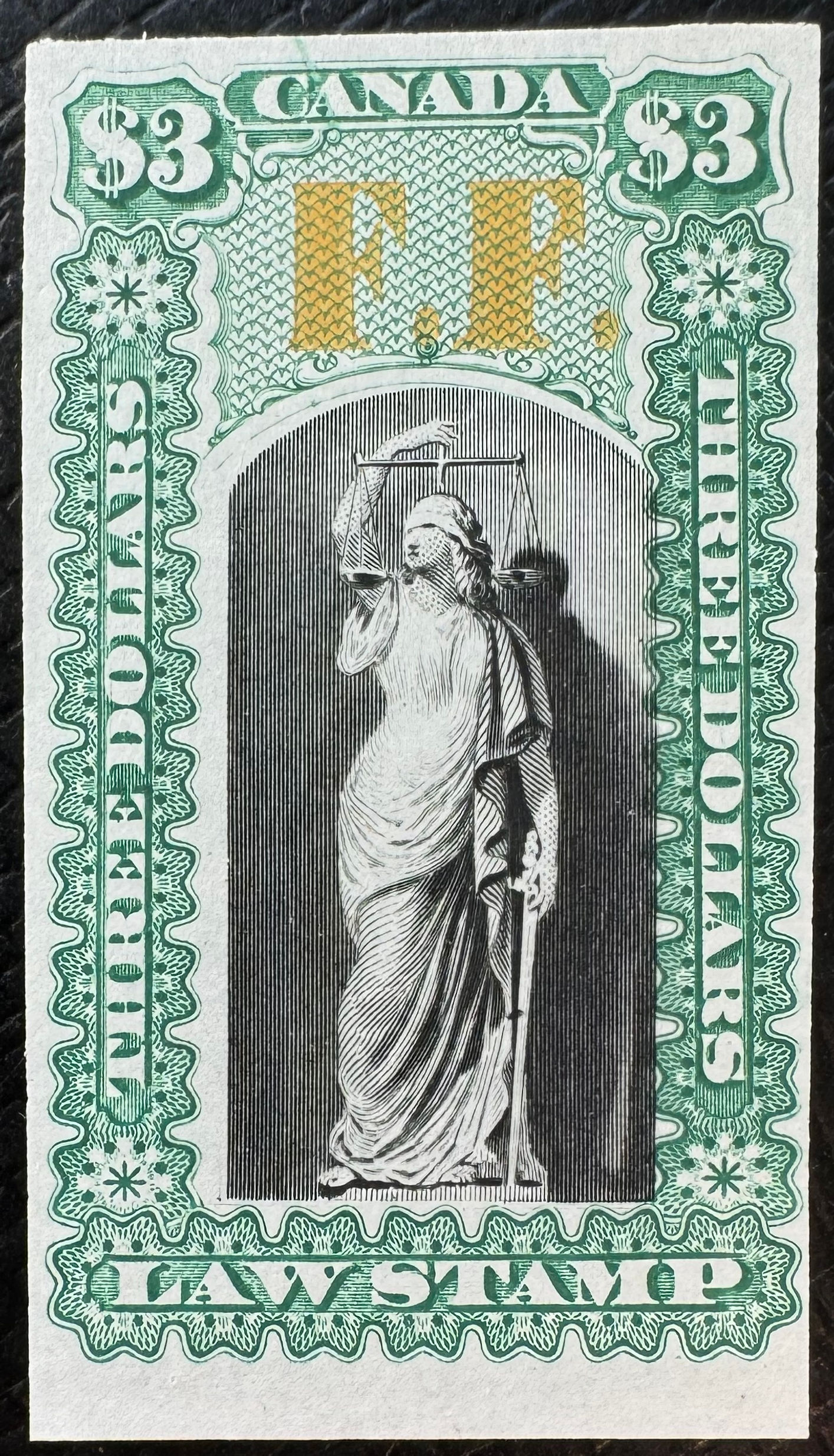 VD#OL28P proof $3 "F.F." Ontario Law Stamp