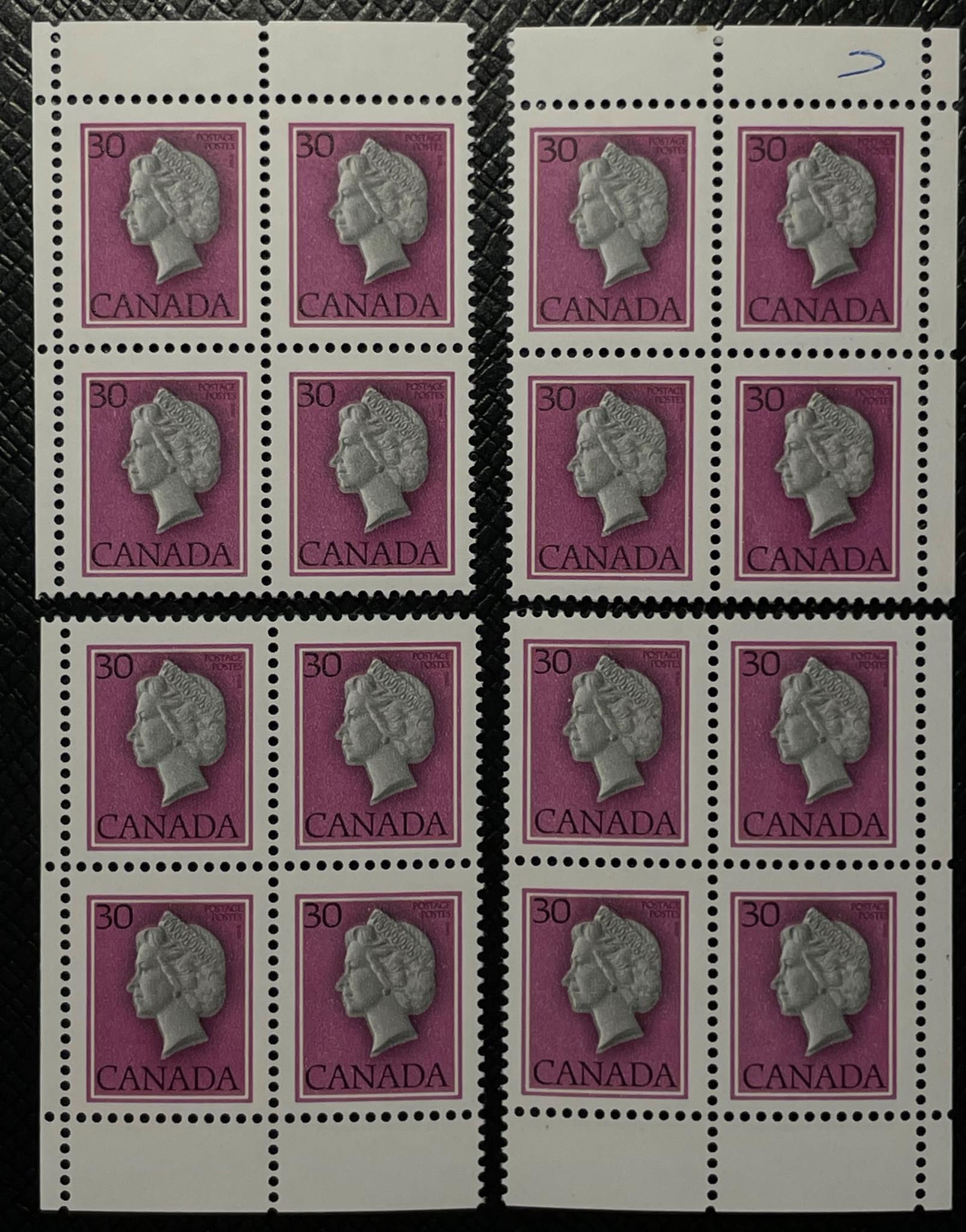 UCS#0791T1 MNH matched set corner blocks untagged 30c QEII