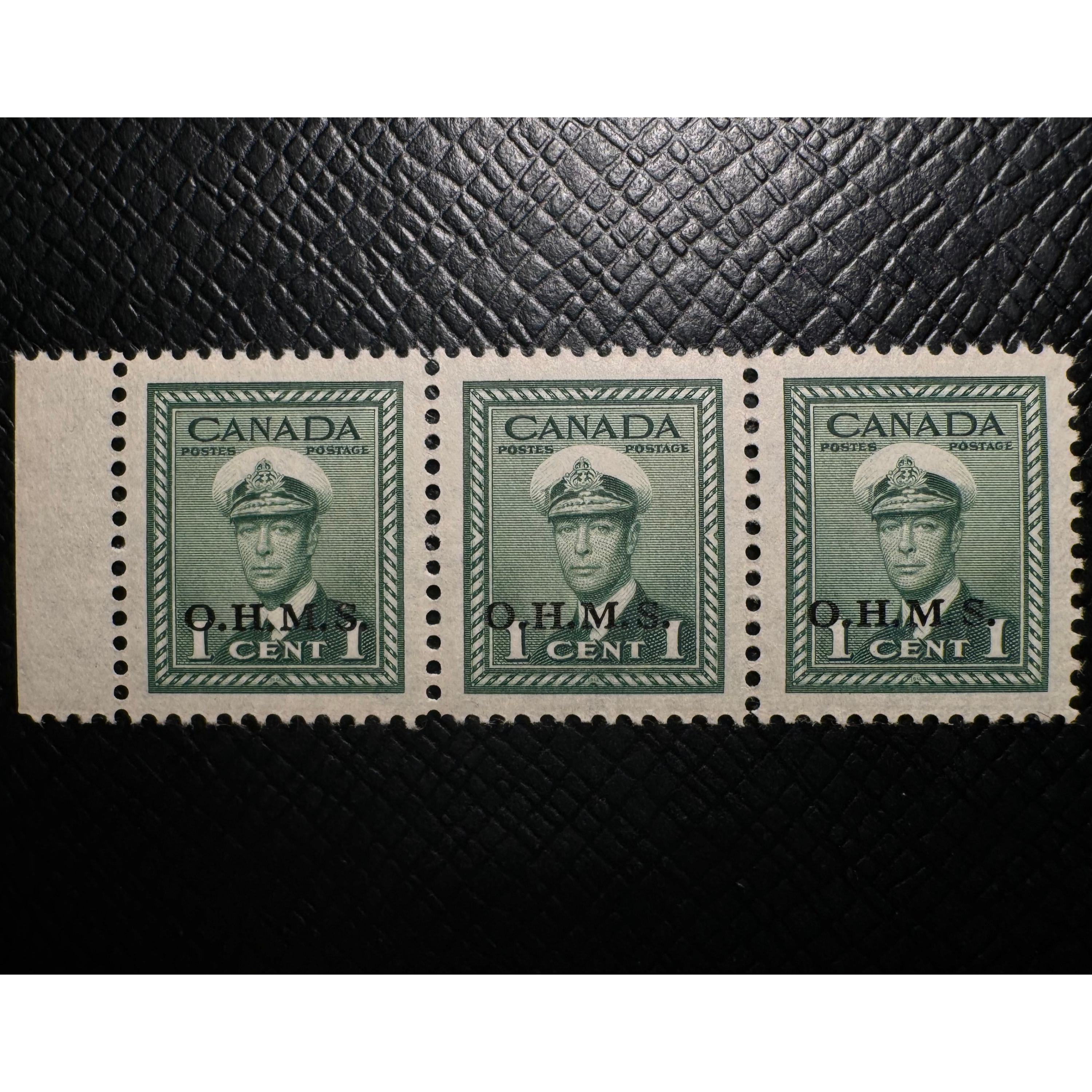UCS#O1i narrow spacing strip - MNH 1c green KGVI War O.H.M.S. overprint