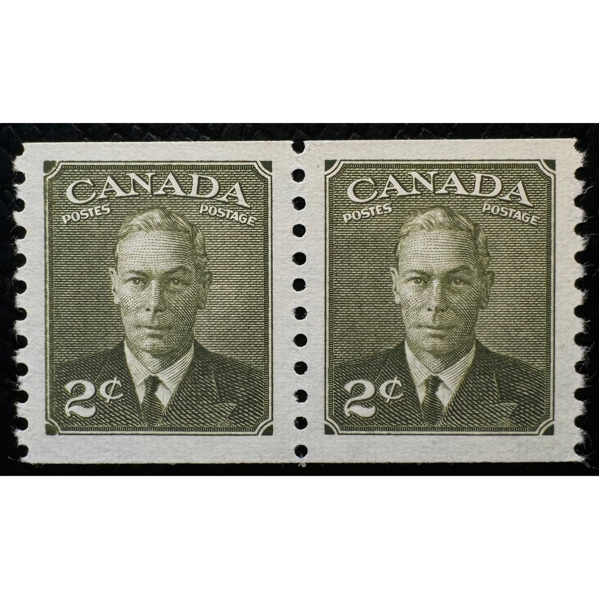 UCS#0309i "corner flaw" MH 2c olive green KGVI "Postes-Postage" coil pair