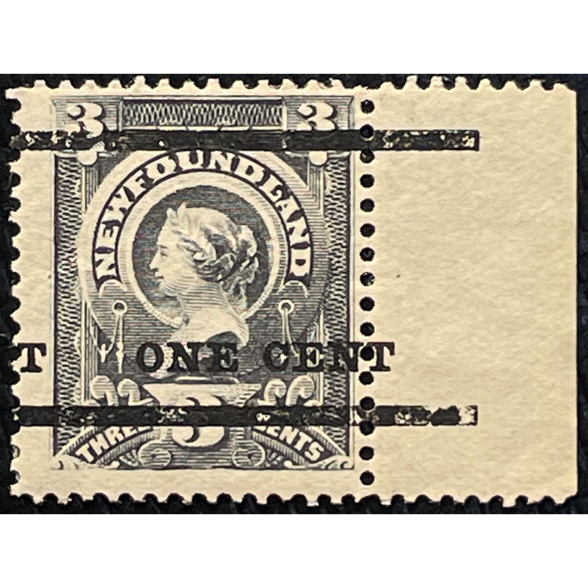 UCS-NFLD#075 MH shifted surcharge 1c on 3c grey lilac Queen Victoria