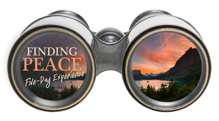 Binoculars beside the Finding Peace logo, symbolizing clarity, perspective, and a focused path toward healing.