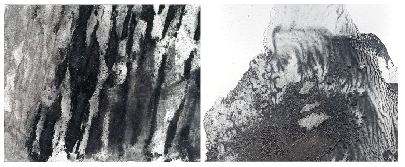 Example of dry pigment process reworked on right with wax