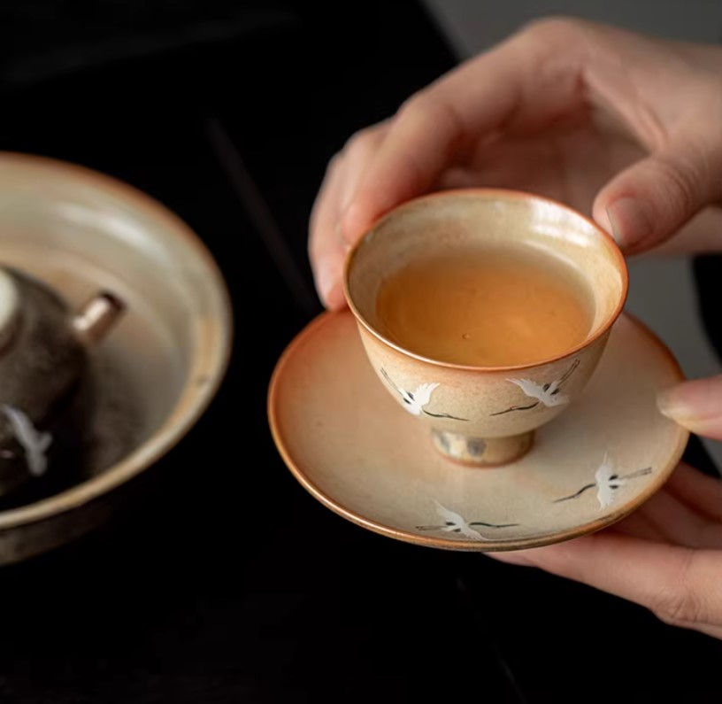Thumbnail: Hand Painted Woodfired Heritage Crane Teacup