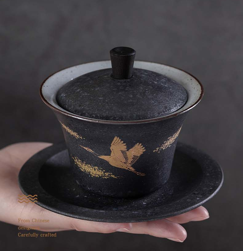 Thumbnail: Gold Crane Migration Black Clay Gaiwan ( 140 ml )
