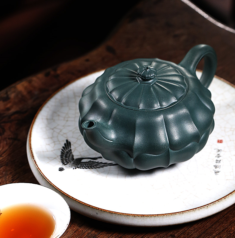 Thumbnail: Yixing Zisha BuShan Green Clay Hexagon Lotus Leaf Teapot (260 ml)