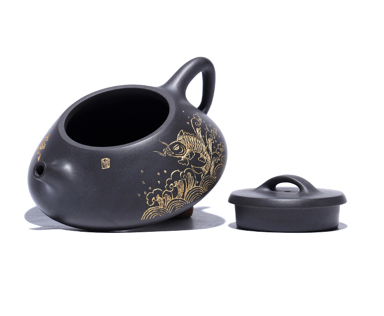 Thumbnail: Yixing Zisha Black Clay Over the Dragon Gate Teapot (220ml)