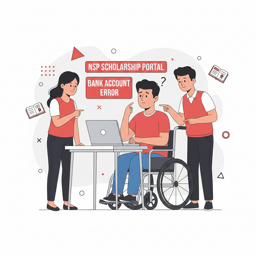 NSP Scholarship Bank Account Problem for Divyang Students cartoon guide red white black theme