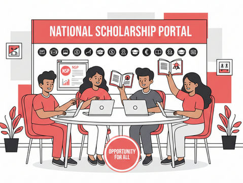 NSP Scholarship for OBC Students 2026 cover image with cartoon students, National Scholarship Portal theme
