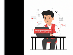 Student confused seeing NSP Scholarship Showing No Record Found error on laptop screen with red white black theme cartoon style