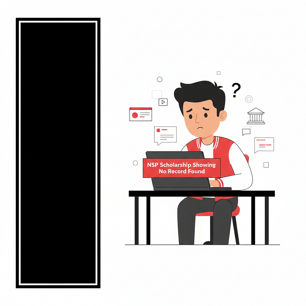 Student confused seeing NSP Scholarship Showing No Record Found error on laptop screen with red white black theme cartoon style