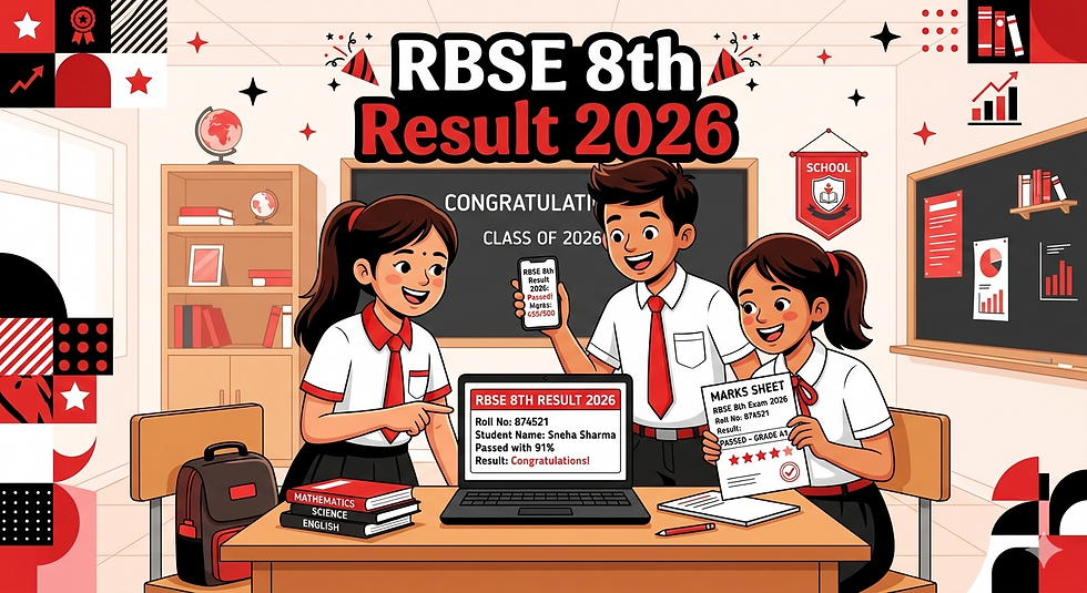 “8th Class Result Rajasthan Board 2026 cartoon students checking result red white black theme”