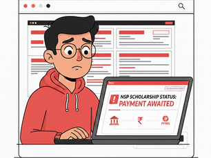 NSP Scholarship payment taking too long explained with cartoon illustration showing Indian student waiting for scholarship amount”