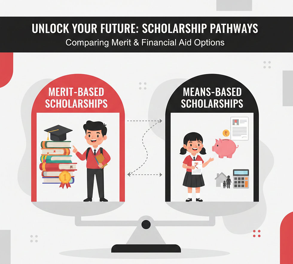 NSP Scholarship Merit Based vs Means Based eligibility comparison cartoon style students red white black theme